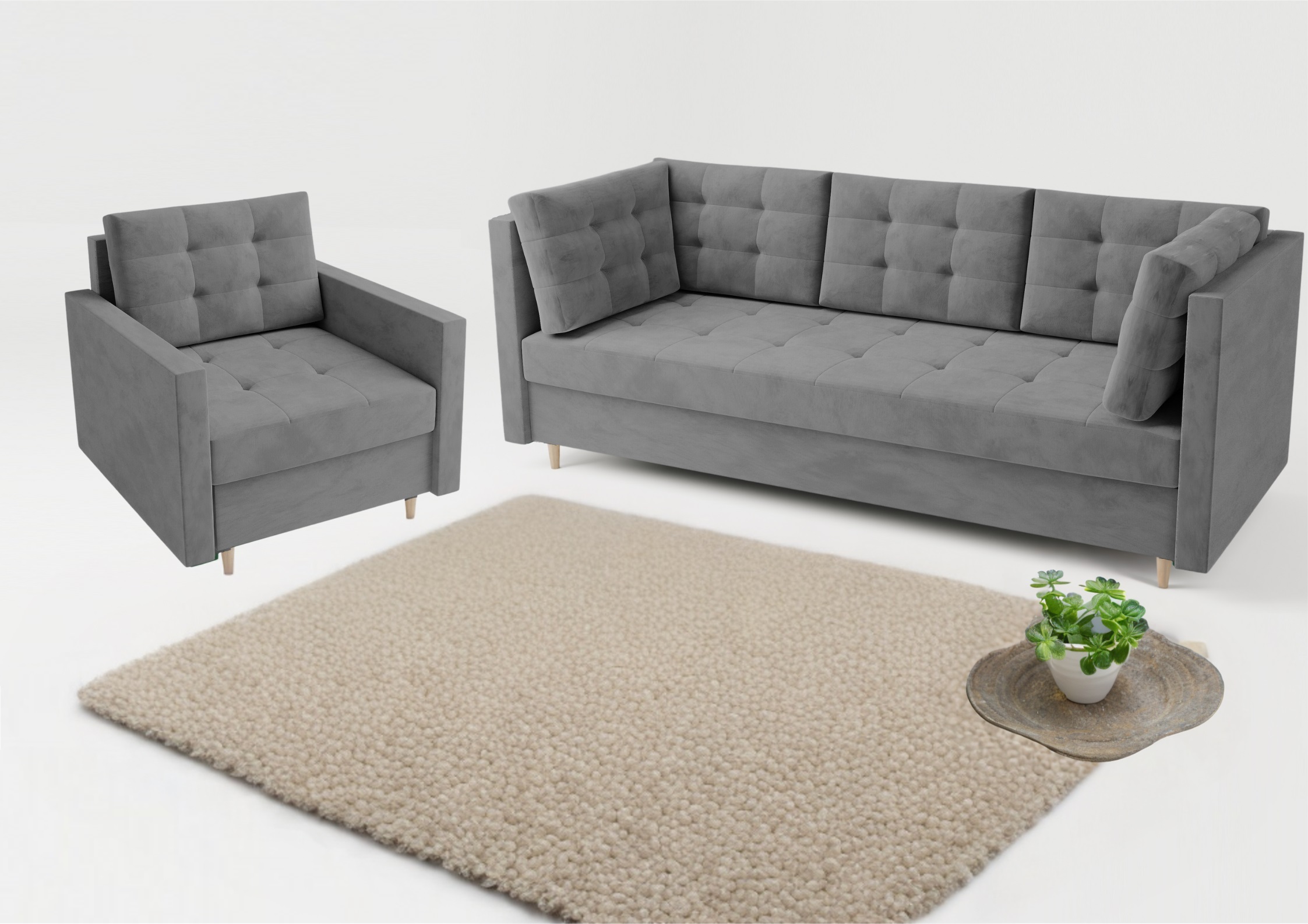 Pikowana sofa w stylu skandynawskim z funkcją spania w kolorze szarym w zestawie z fotelem